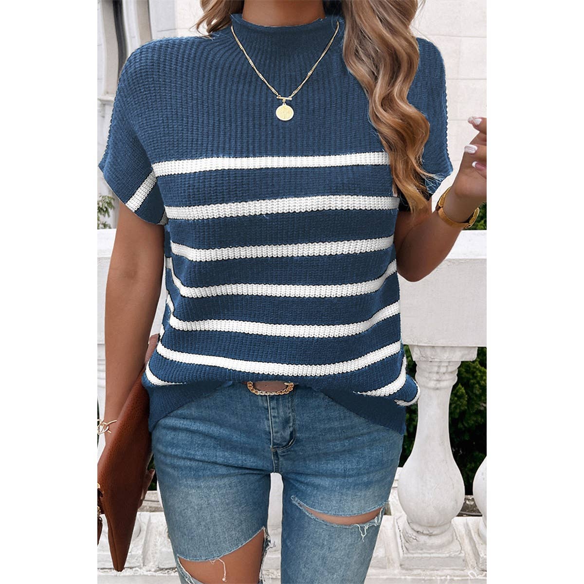 Round Neck Strip Knit Loose Fit Short Sleeve Top - MVTFASHION.COM