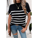 Round Neck Strip Knit Loose Fit Short Sleeve Top - MVTFASHION.COM