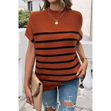 Round Neck Strip Knit Loose Fit Short Sleeve Top - MVTFASHION.COM