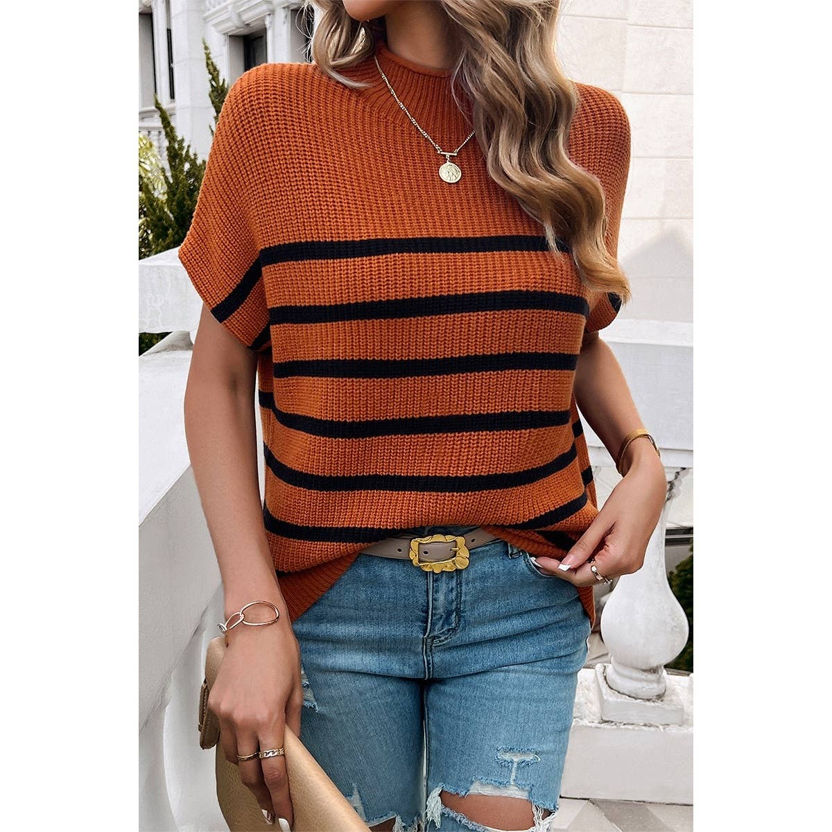 Round Neck Strip Knit Loose Fit Short Sleeve Top - MVTFASHION.COM