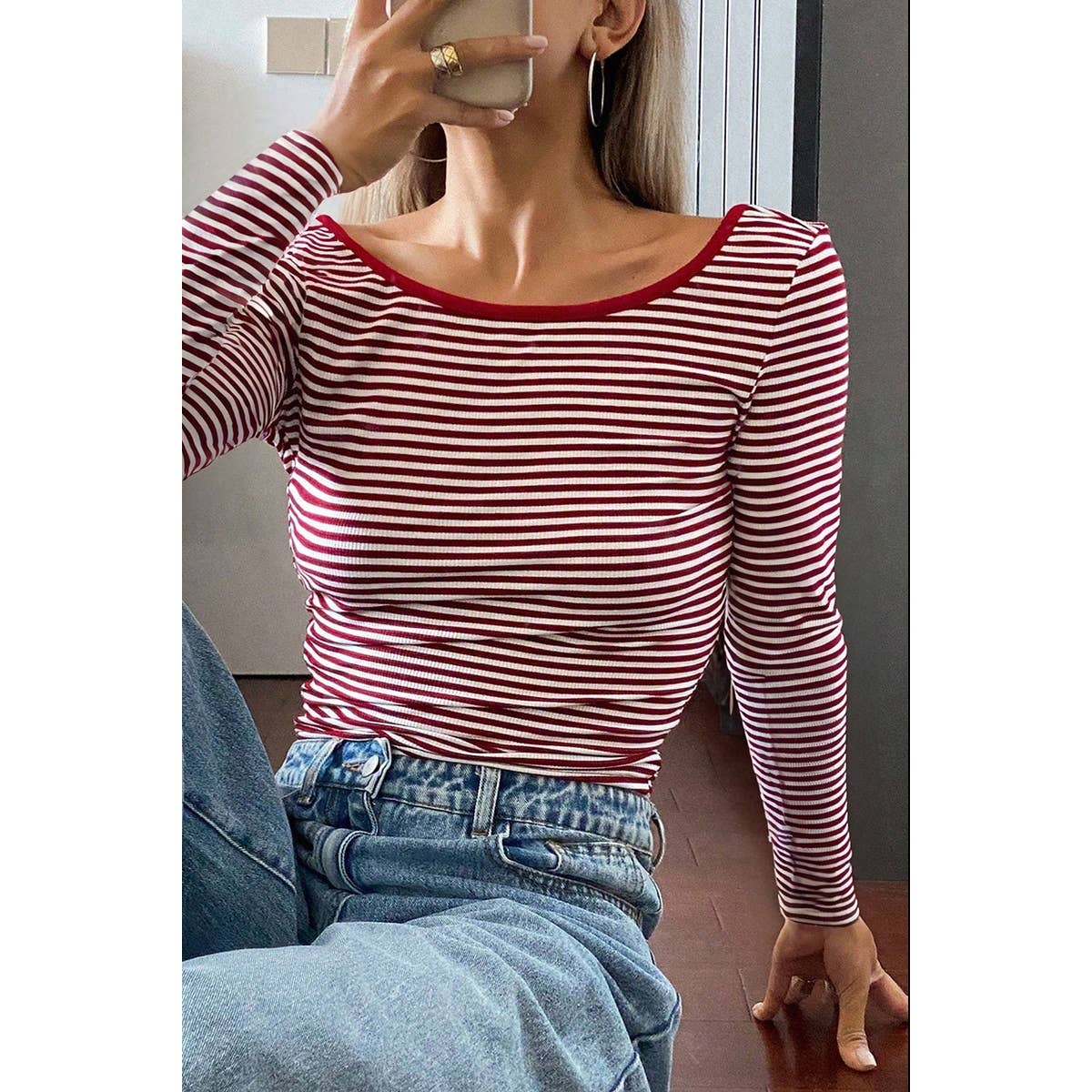 Round Neck Strip Knit Low Back Long Sleeves Top - MVTFASHION.COM