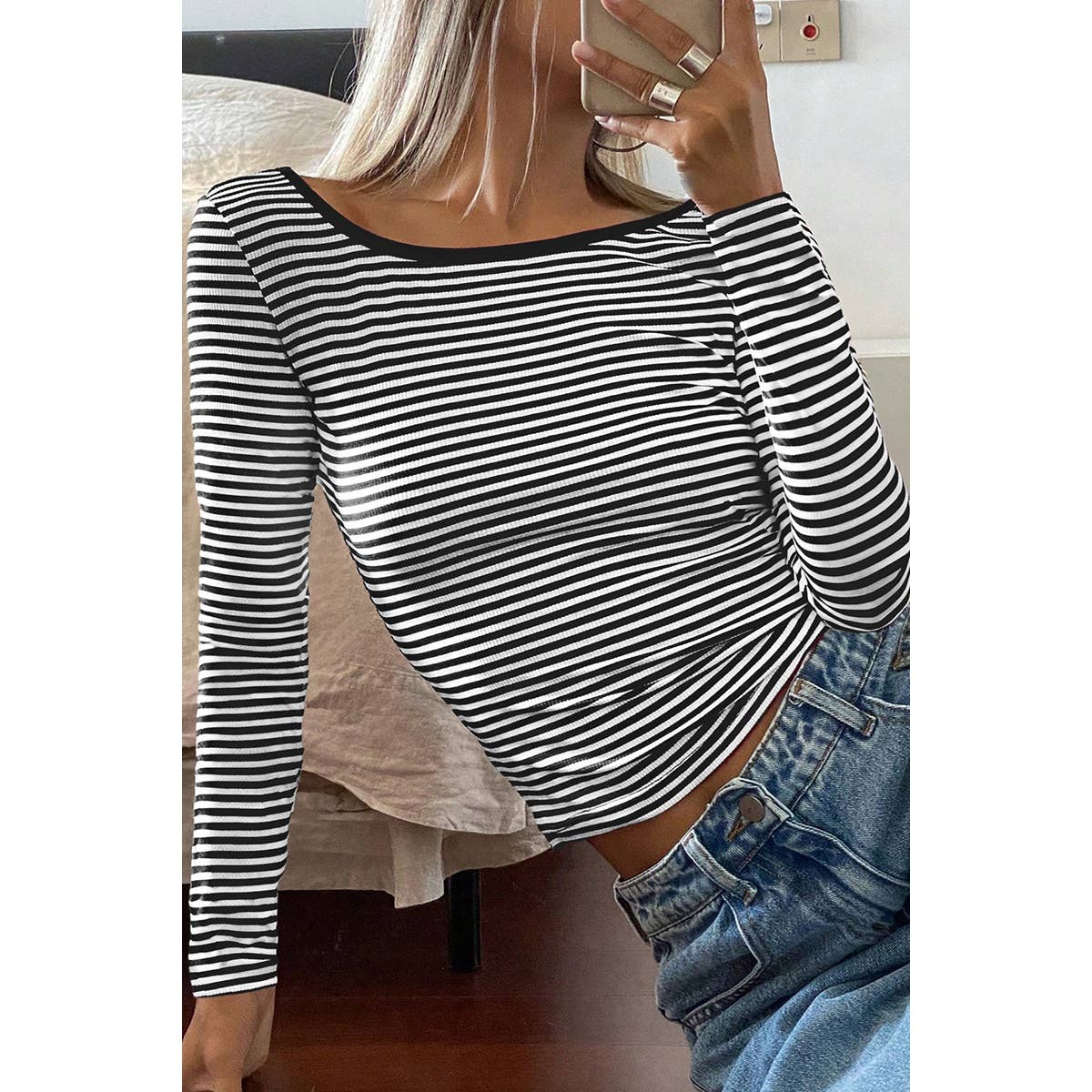 Round Neck Strip Knit Low Back Long Sleeves Top - MVTFASHION.COM