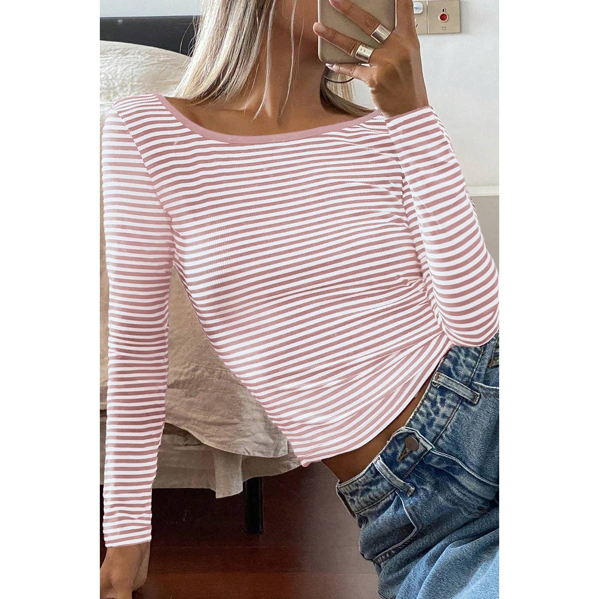 Round Neck Strip Knit Low Back Long Sleeves Top - MVTFASHION.COM