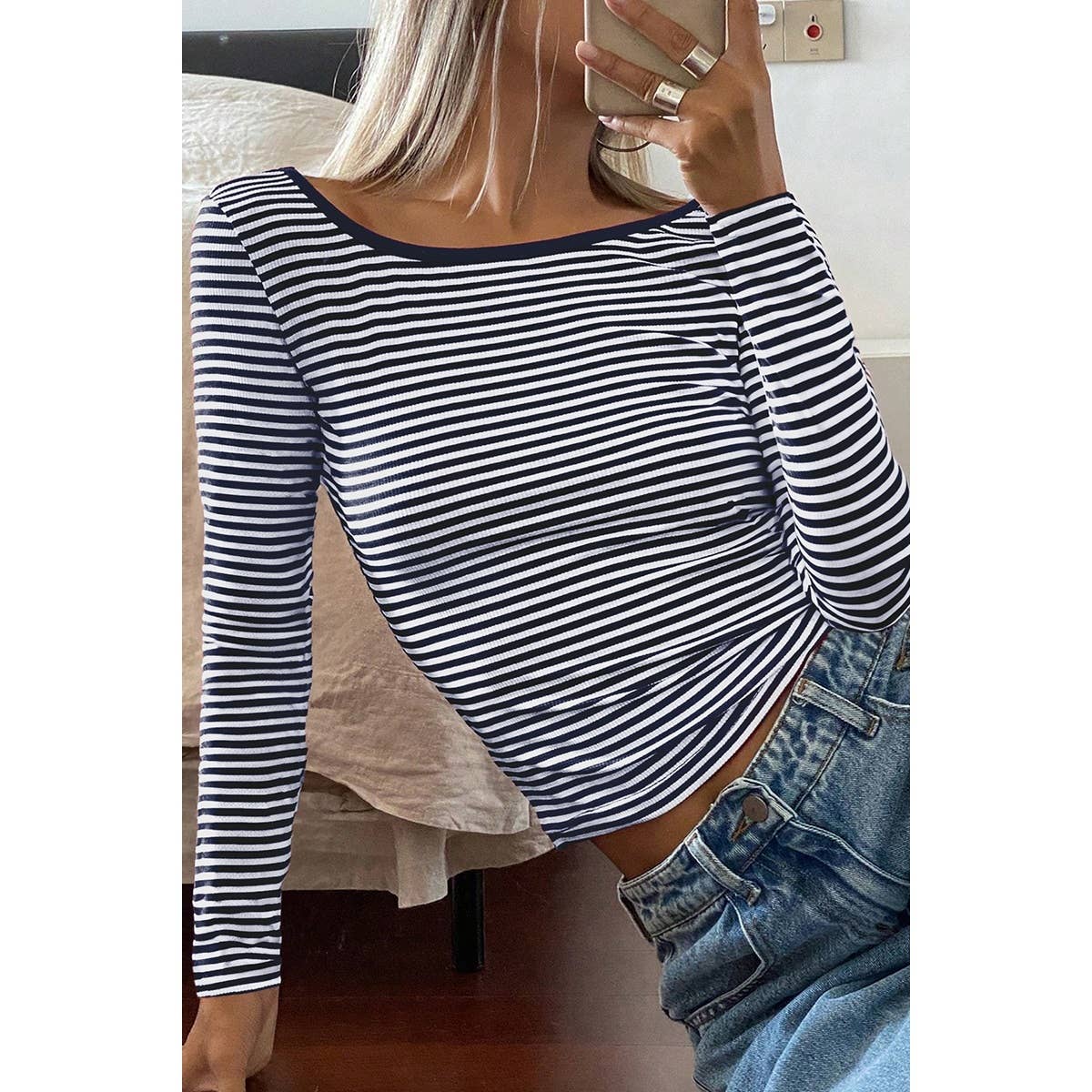 Round Neck Strip Knit Low Back Long Sleeves Top - MVTFASHION.COM