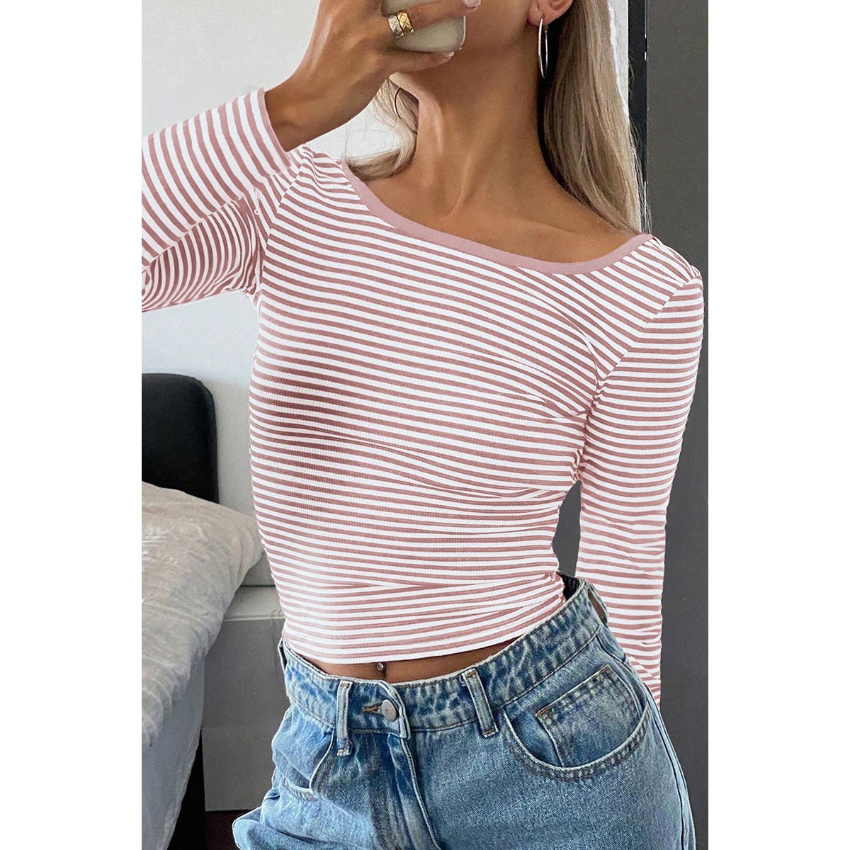 Round Neck Strip Knit Low Back Long Sleeves Top - MVTFASHION.COM