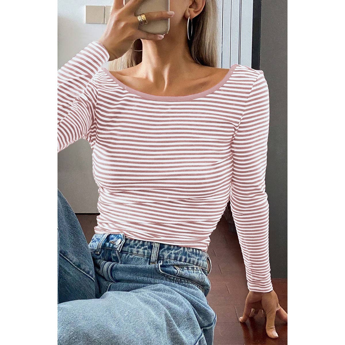 Round Neck Strip Knit Low Back Long Sleeves Top - MVTFASHION.COM