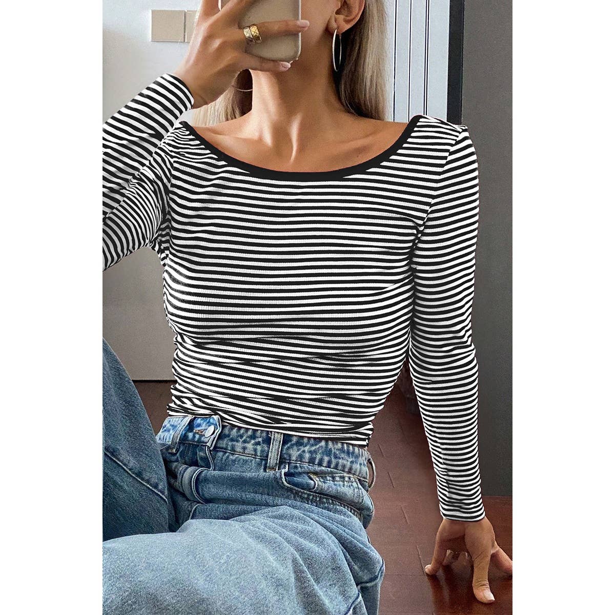 Round Neck Strip Knit Low Back Long Sleeves Top - MVTFASHION.COM