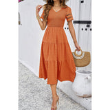 Ruched A Line Hollow Out Color Block Ruffle Dress - MVTFASHION.COM