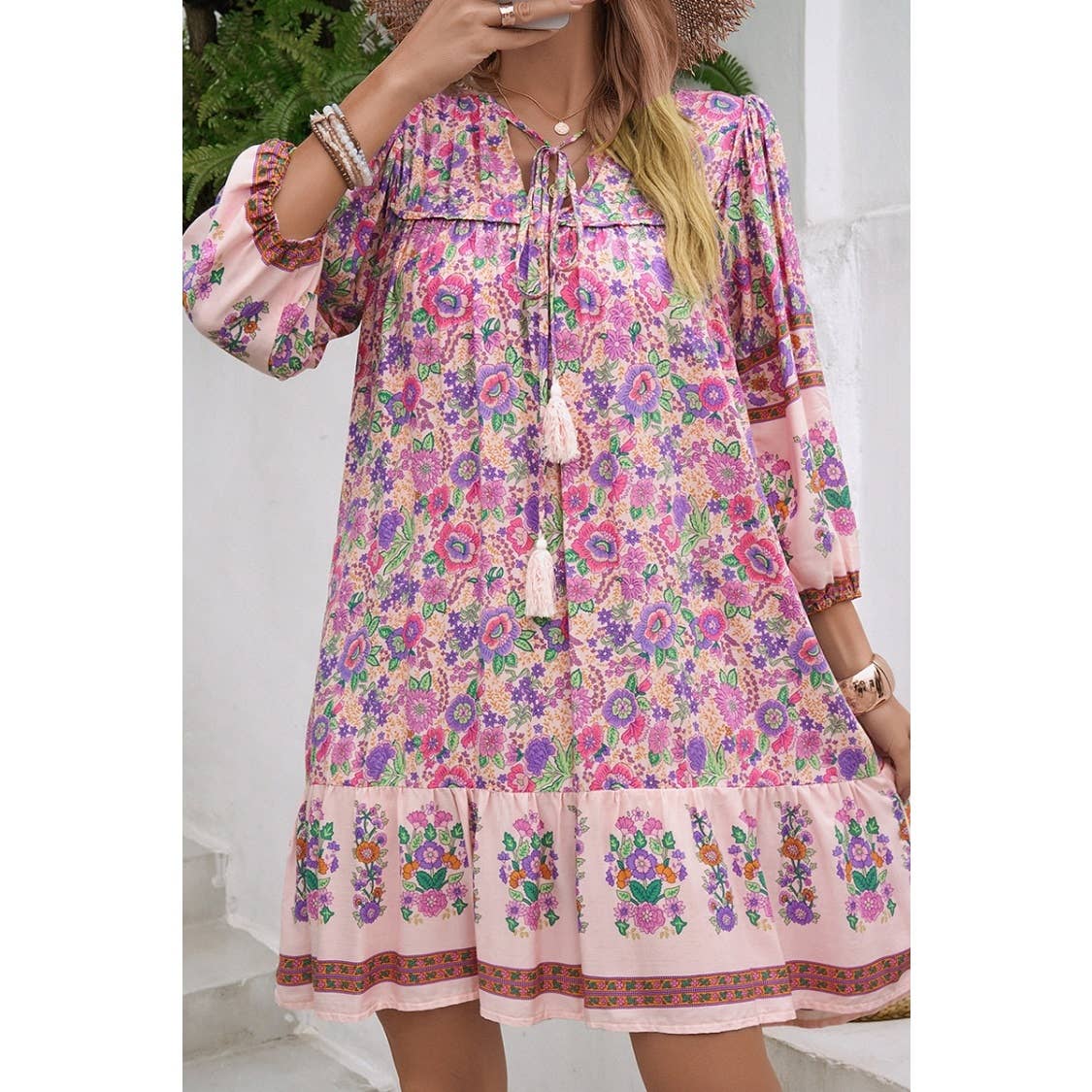 Ruched Bohe Print V Neck Ruffle Hem Tassel Dress - MVTFASHION.COM