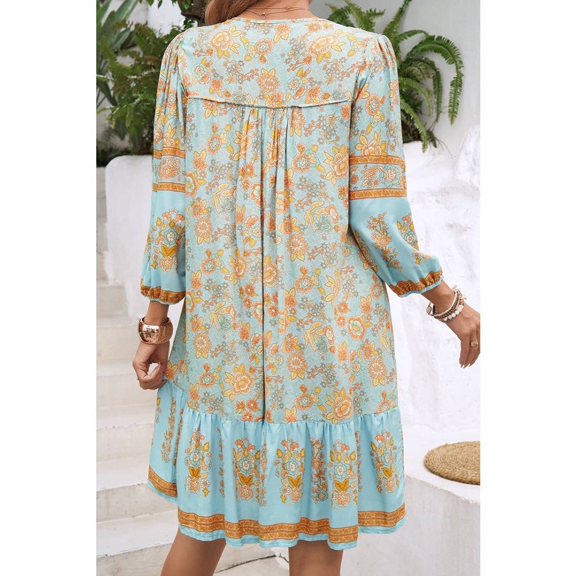 Ruched Bohe Print V Neck Ruffle Hem Tassel Dress - MVTFASHION.COM