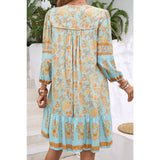 Ruched Bohe Print V Neck Ruffle Hem Tassel Dress - MVTFASHION.COM