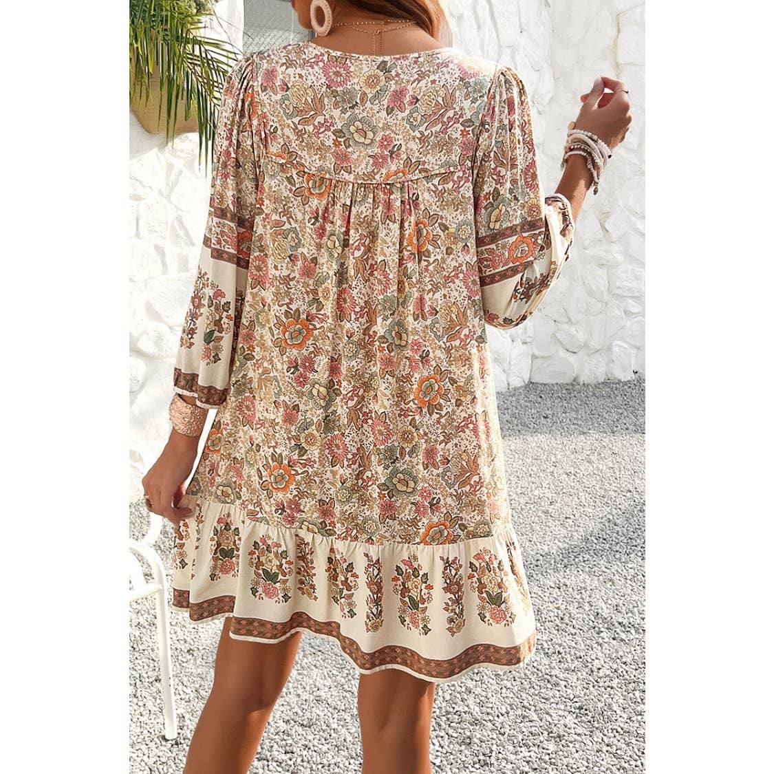 Ruched Bohe Print V Neck Ruffle Hem Tassel Dress - MVTFASHION.COM