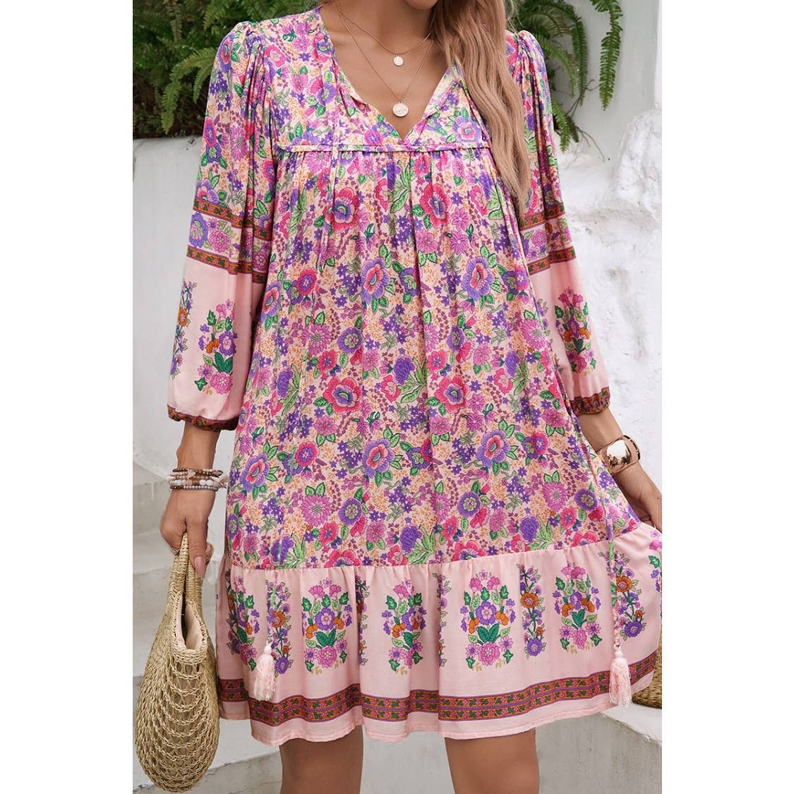 Ruched Bohe Print V Neck Ruffle Hem Tassel Dress - MVTFASHION.COM