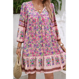 Ruched Bohe Print V Neck Ruffle Hem Tassel Dress - MVTFASHION.COM