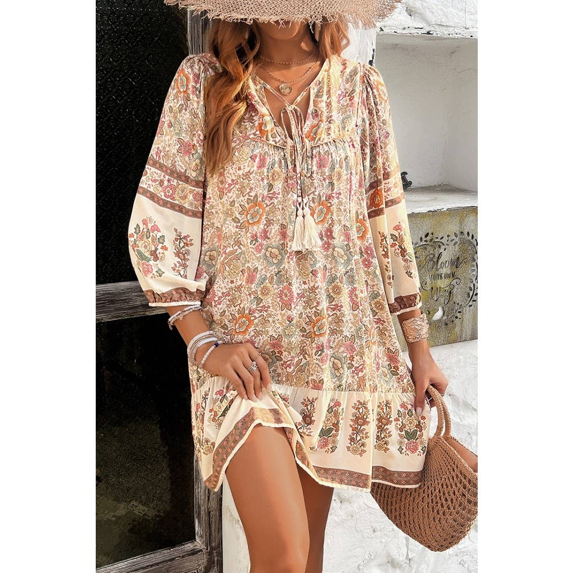 Ruched Bohe Print V Neck Ruffle Hem Tassel Dress - MVTFASHION.COM