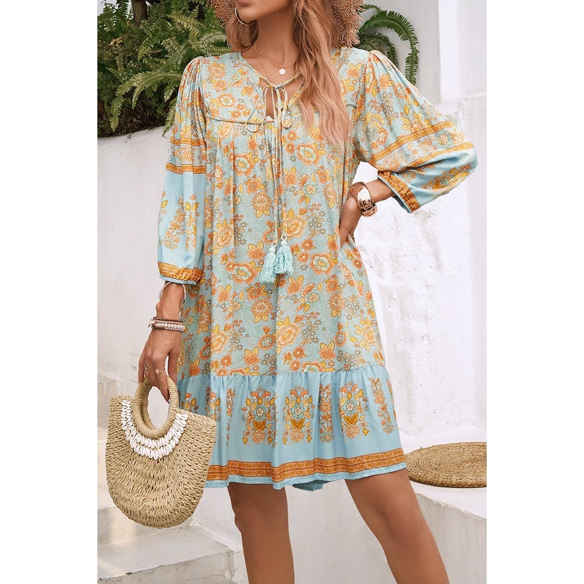 Ruched Bohe Print V Neck Ruffle Hem Tassel Dress - MVTFASHION.COM