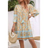 Ruched Bohe Print V Neck Ruffle Hem Tassel Dress - MVTFASHION.COM