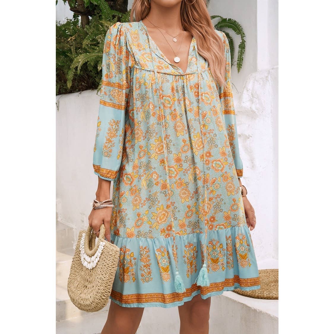 Ruched Bohe Print V Neck Ruffle Hem Tassel Dress - MVTFASHION.COM