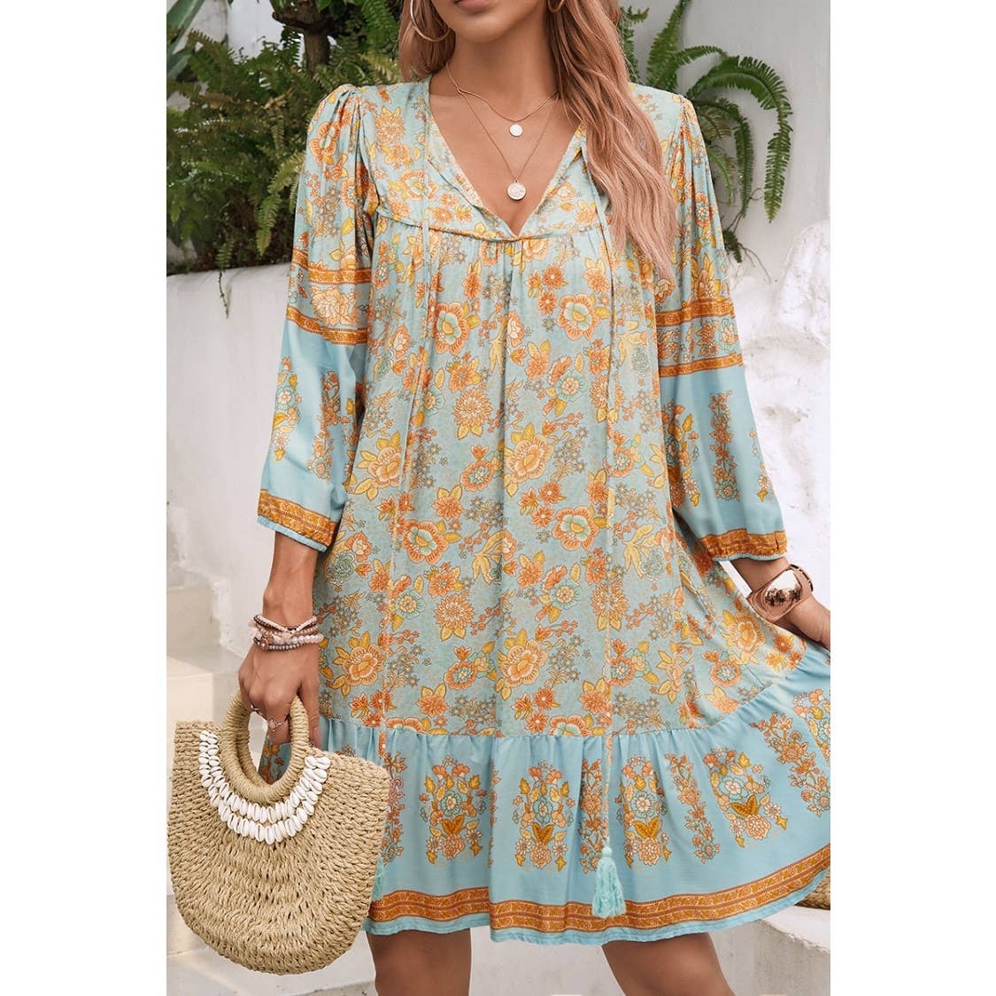 Ruched Bohe Print V Neck Ruffle Hem Tassel Dress - MVTFASHION.COM
