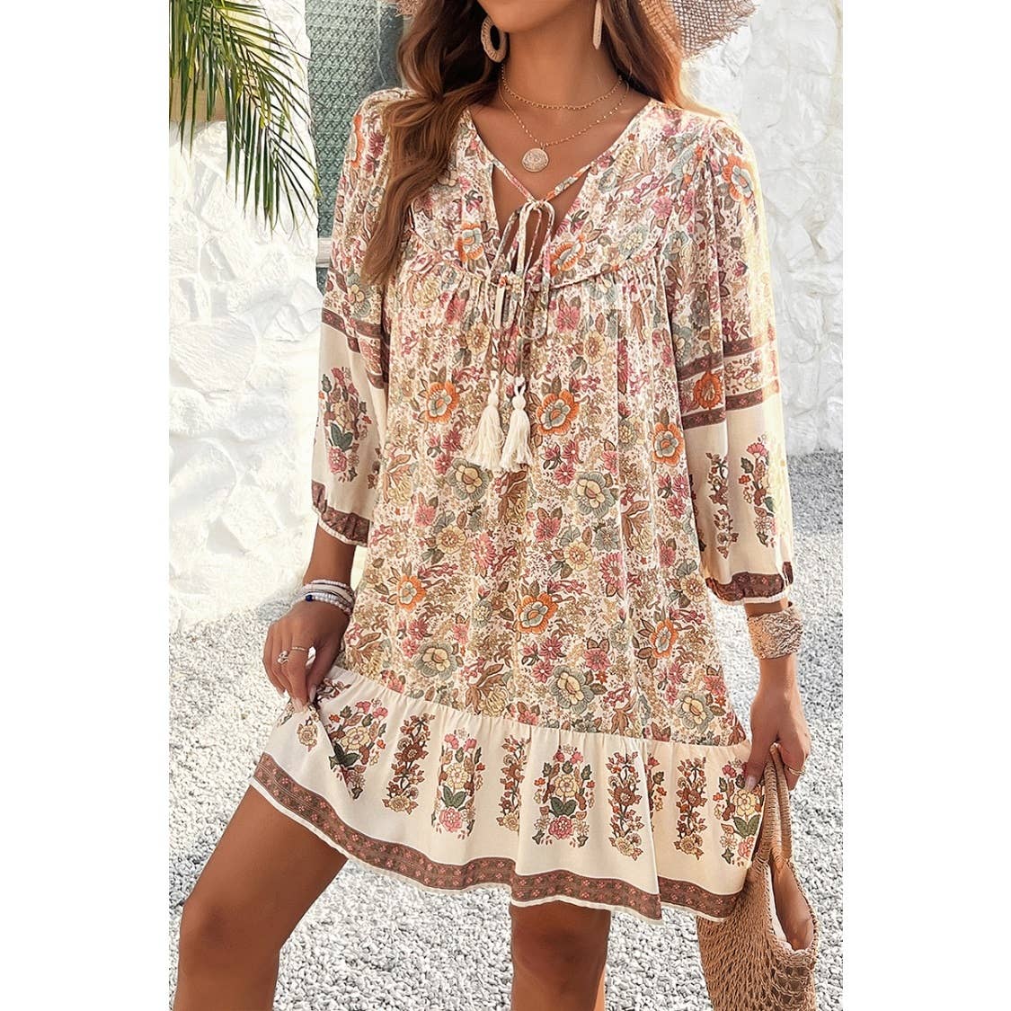 Ruched Bohe Print V Neck Ruffle Hem Tassel Dress - MVTFASHION.COM