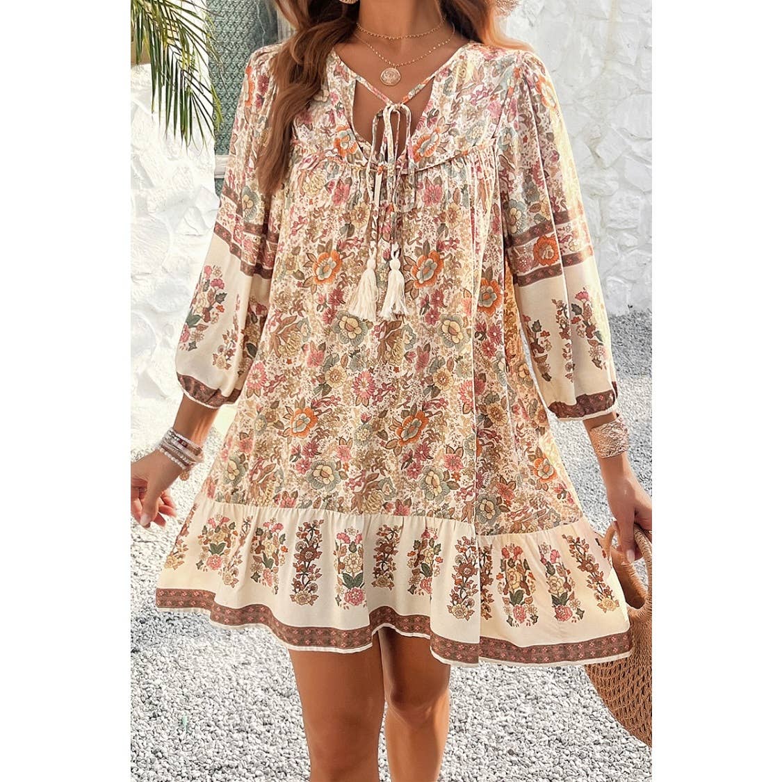 Ruched Bohe Print V Neck Ruffle Hem Tassel Dress - MVTFASHION.COM