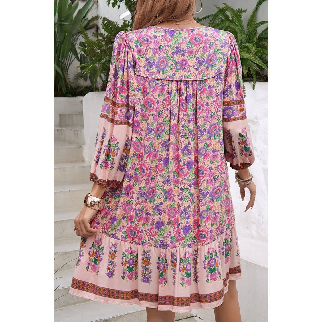 Ruched Bohe Print V Neck Ruffle Hem Tassel Dress - MVTFASHION.COM