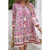 Ruched Bohe Print V Neck Ruffle Hem Tassel Dress - MVTFASHION.COM