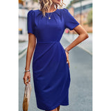 Ruched Color Block Solid Wrap Round Neck Dress - MVTFASHION.COM