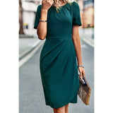 Ruched Color Block Solid Wrap Round Neck Dress - MVTFASHION.COM