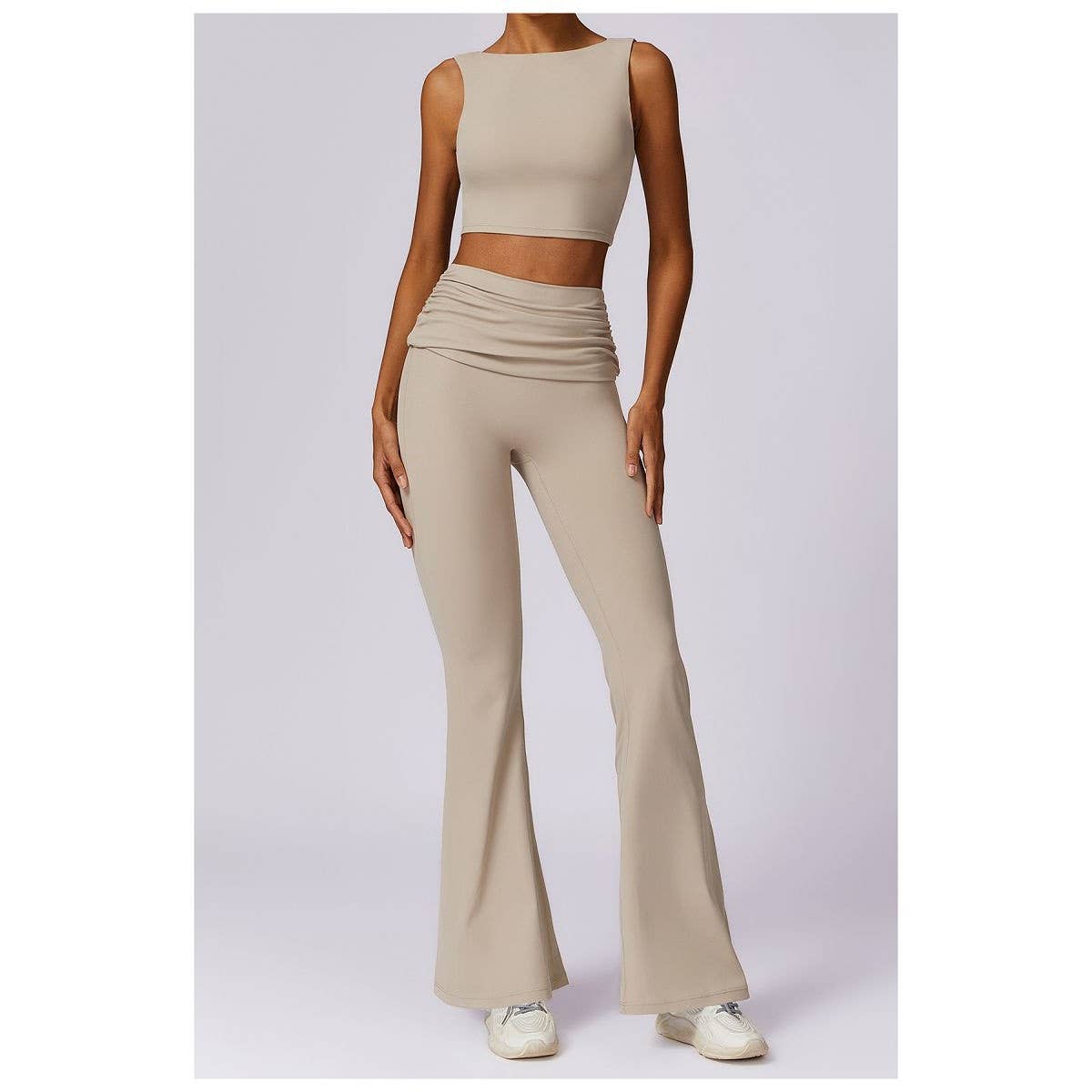 Ruched High Waist Solid Long Elastic Flare Pants - MVTFASHION.COM