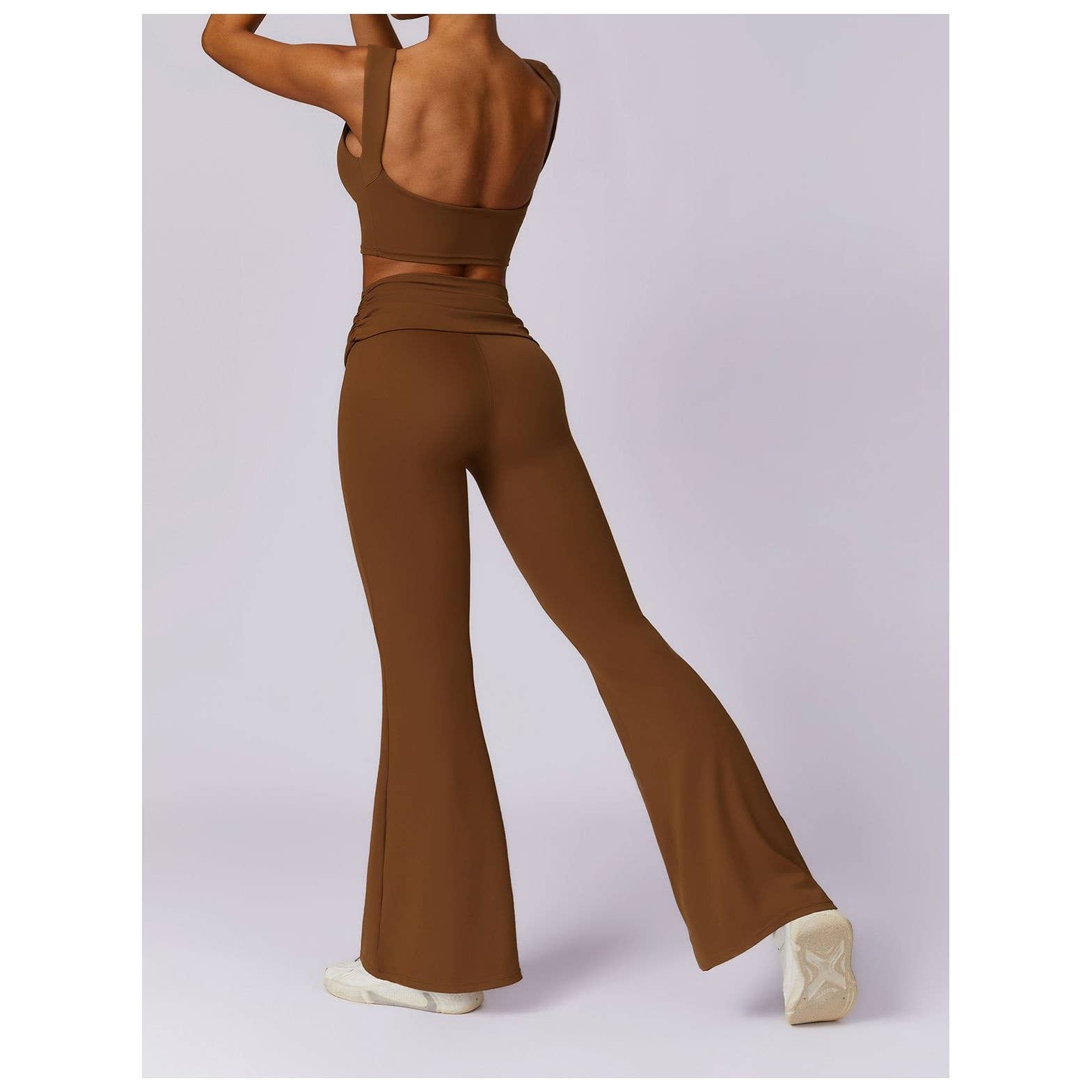 Ruched High Waist Solid Long Elastic Flare Pants - MVTFASHION.COM