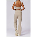 Ruched High Waist Solid Long Elastic Flare Pants - MVTFASHION.COM