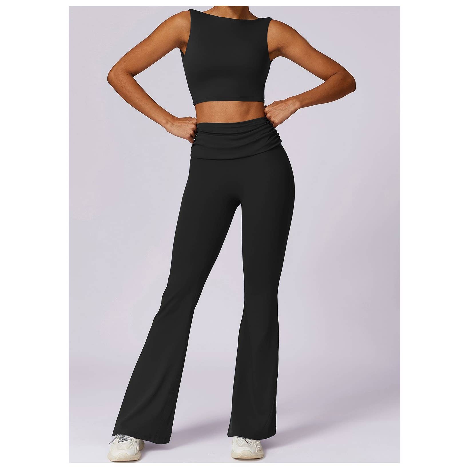 Ruched High Waist Solid Long Elastic Flare Pants - MVTFASHION.COM