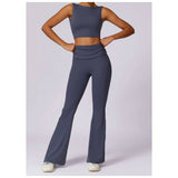 Ruched High Waist Solid Long Elastic Flare Pants - MVTFASHION.COM