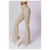 Ruched High Waist Solid Long Elastic Flare Pants - MVTFASHION.COM