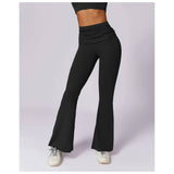 Ruched High Waist Solid Long Elastic Flare Pants - MVTFASHION.COM