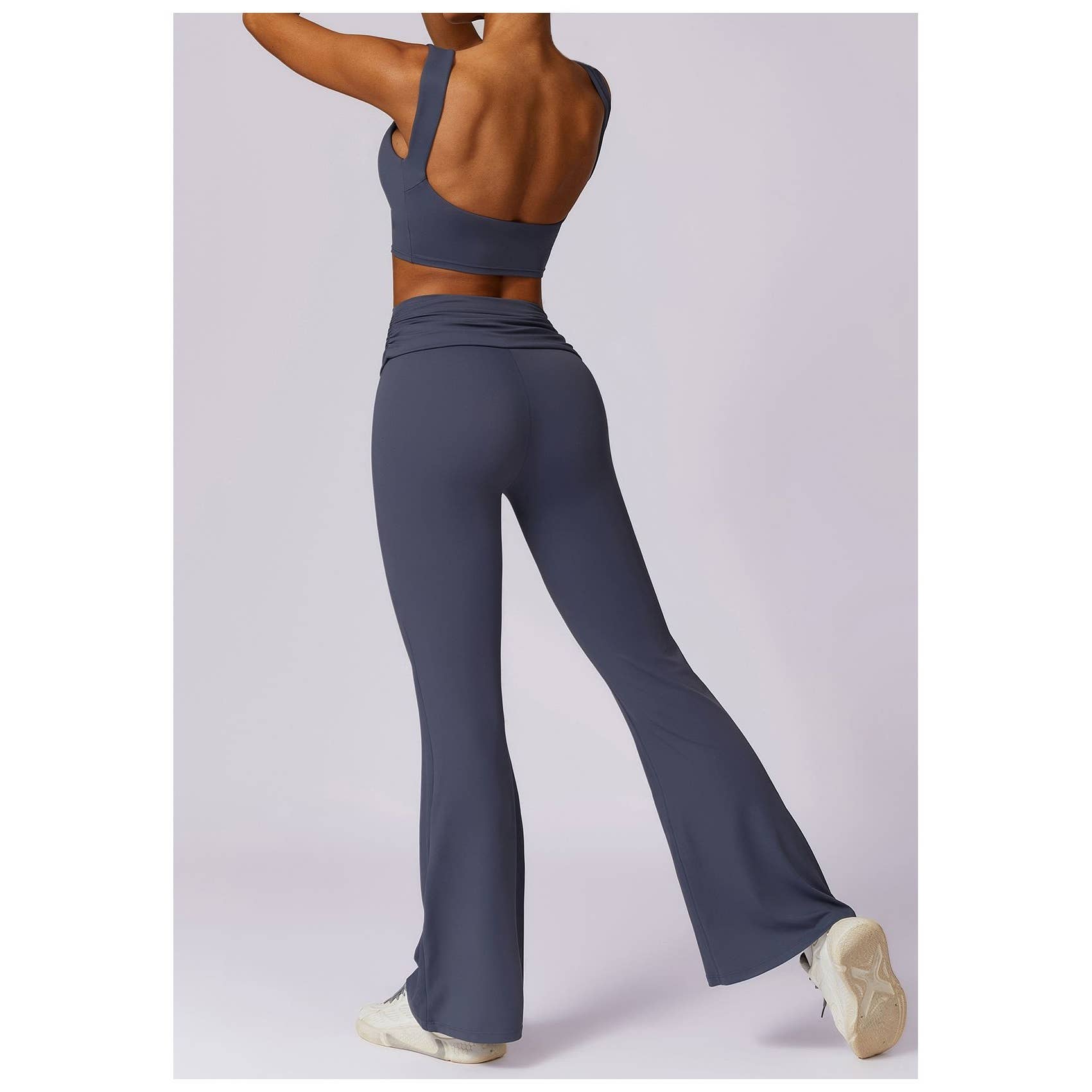 Ruched High Waist Solid Long Elastic Flare Pants - MVTFASHION.COM