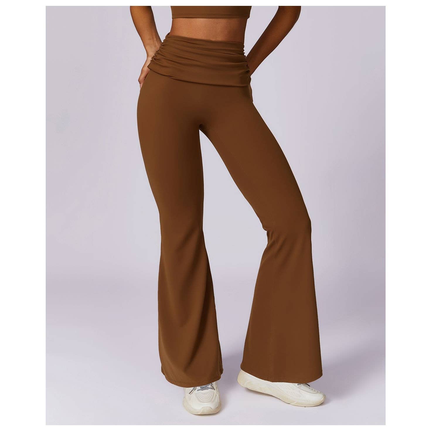 Ruched High Waist Solid Long Elastic Flare Pants - MVTFASHION.COM