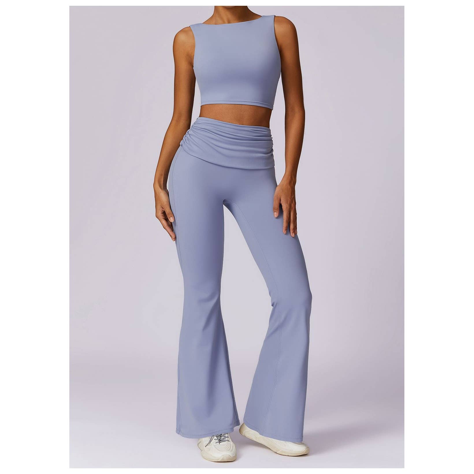 Ruched High Waist Solid Long Elastic Flare Pants - MVTFASHION.COM