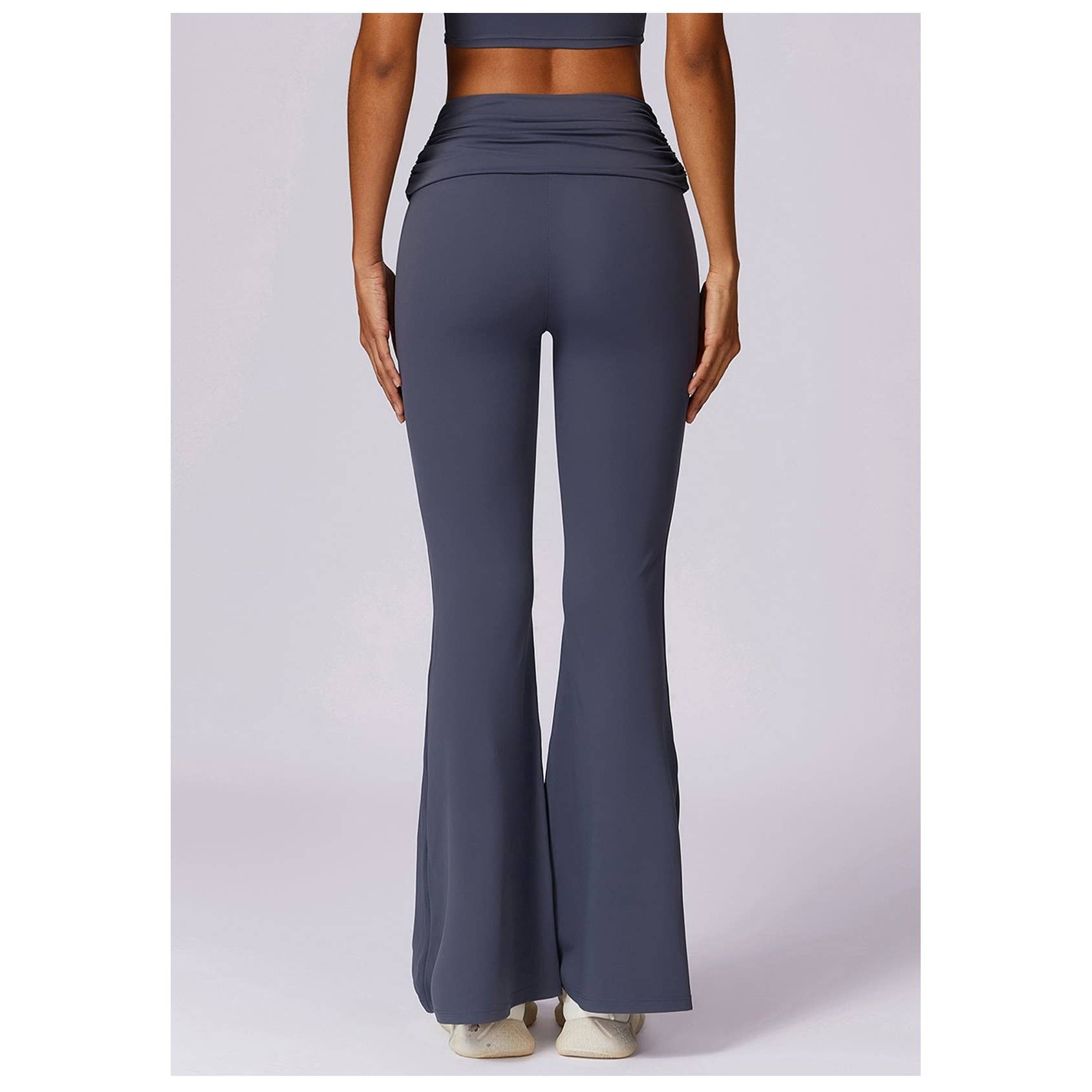 Ruched High Waist Solid Long Elastic Flare Pants - MVTFASHION.COM