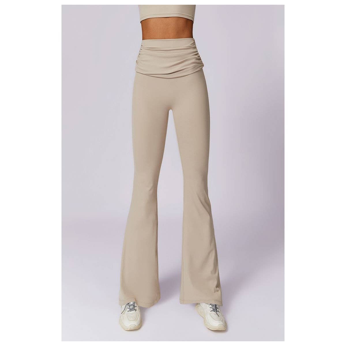 Ruched High Waist Solid Long Elastic Flare Pants - MVTFASHION.COM