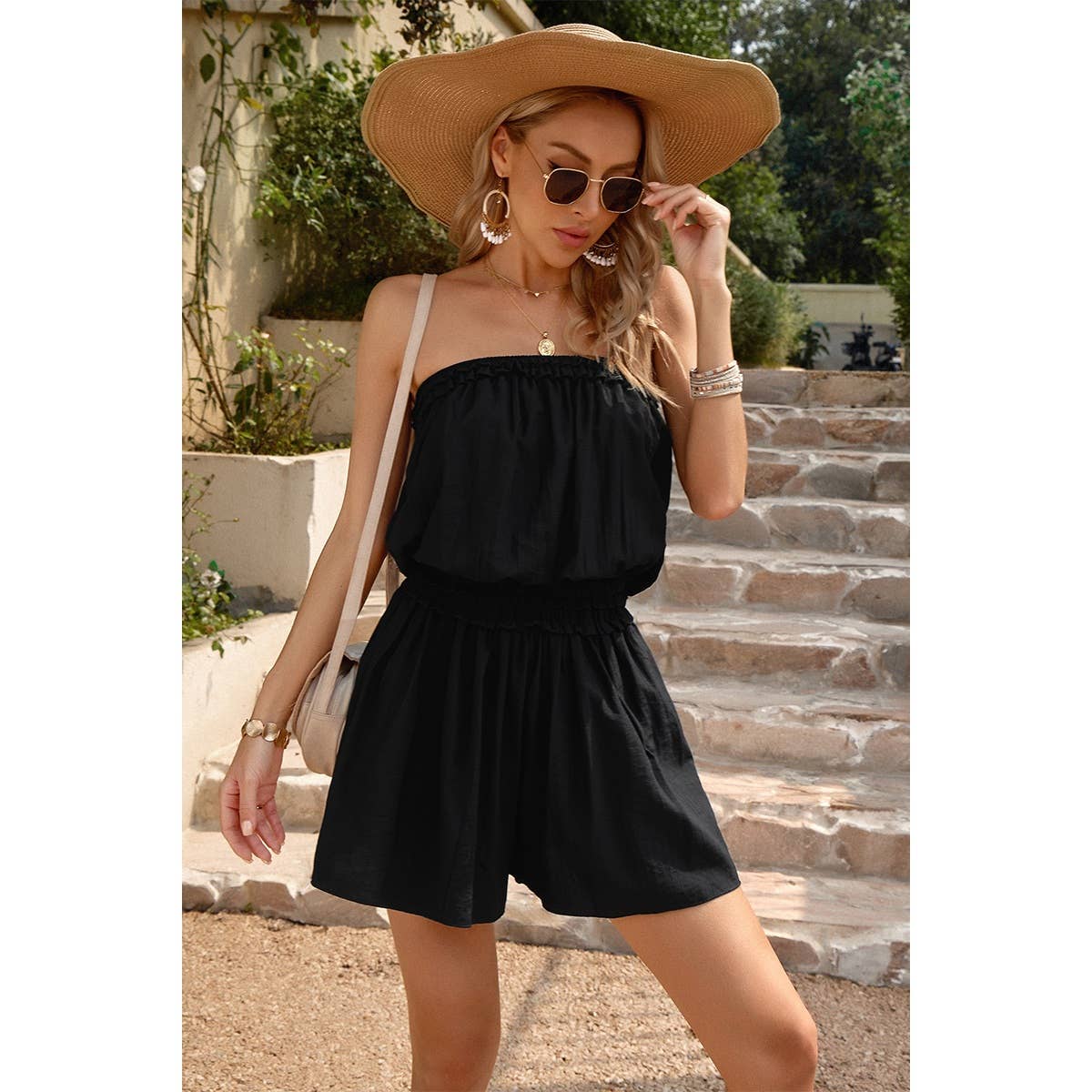 Ruched Off Shoulder Solid Romper - MVTFASHION.COM