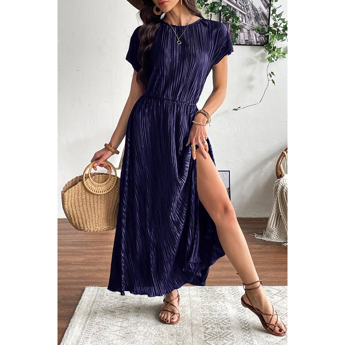 Ruched Round Neck Fit Solid Side Open Dress - MVTFASHION.COM