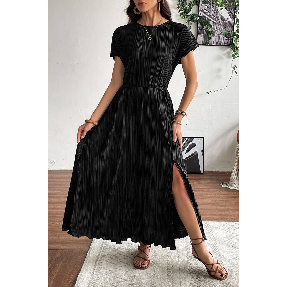 Ruched Round Neck Fit Solid Side Open Dress - MVTFASHION.COM