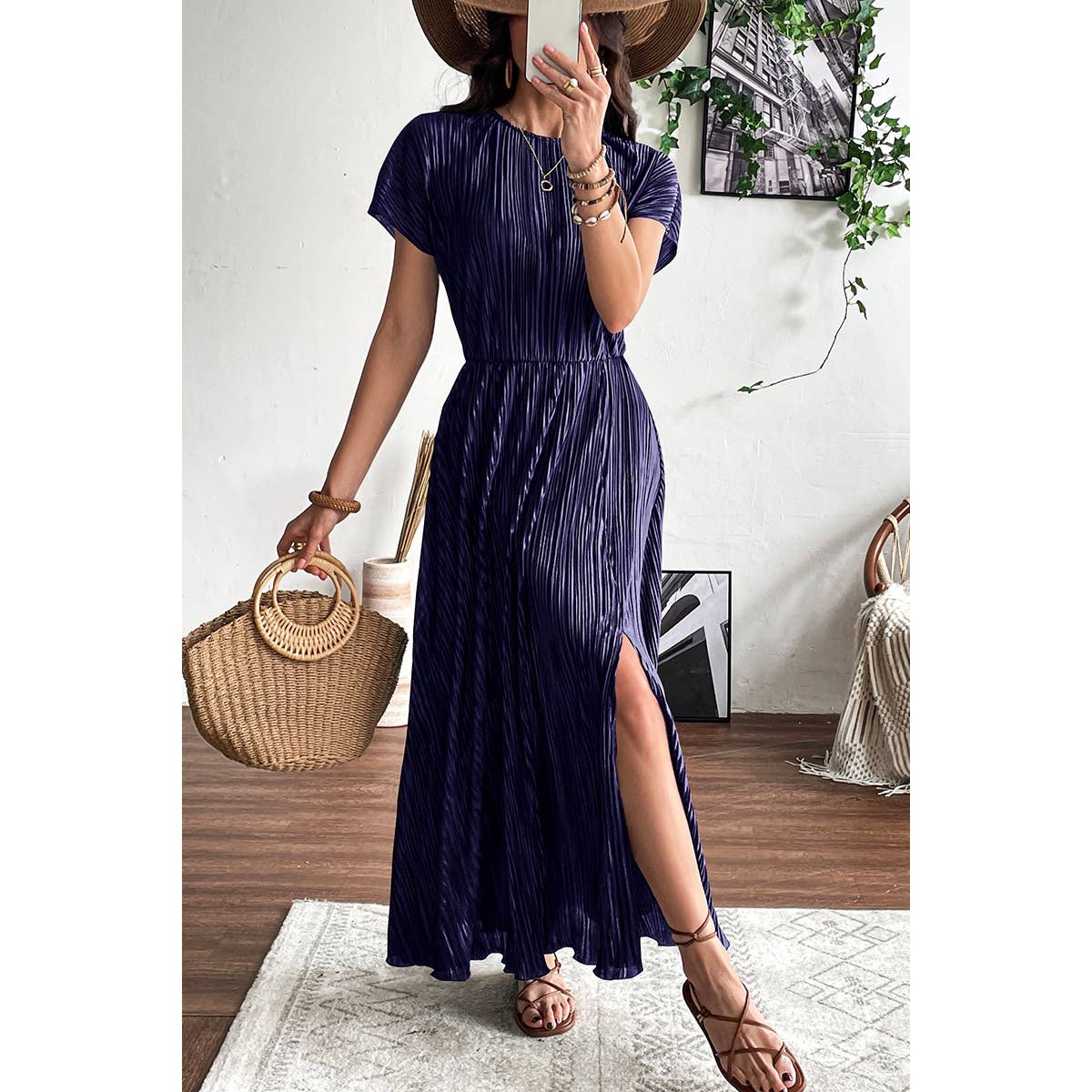 Ruched Round Neck Fit Solid Side Open Dress - MVTFASHION.COM