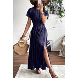 Ruched Round Neck Fit Solid Side Open Dress - MVTFASHION.COM