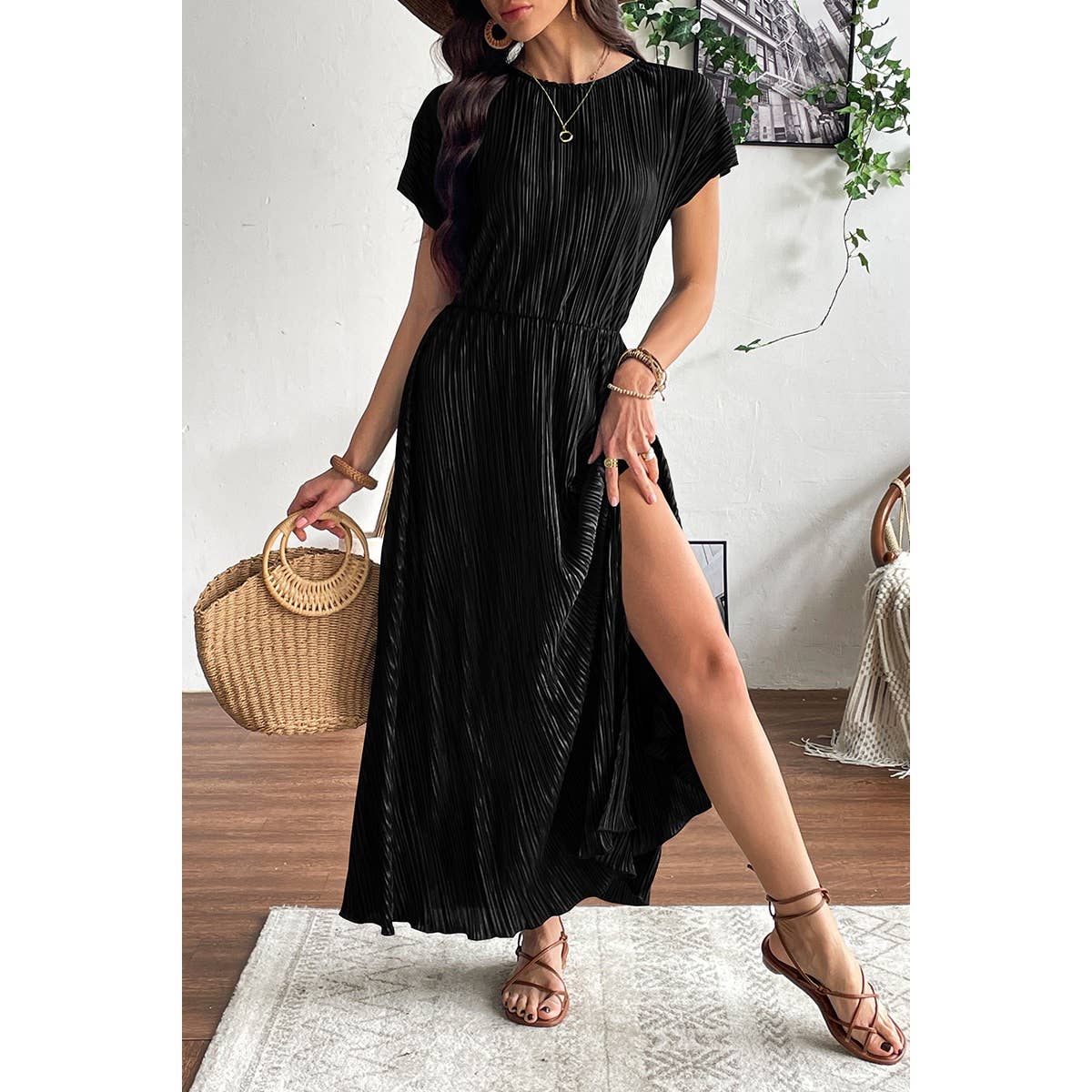 Ruched Round Neck Fit Solid Side Open Dress - MVTFASHION.COM