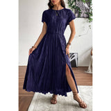 Ruched Round Neck Fit Solid Side Open Dress - MVTFASHION.COM