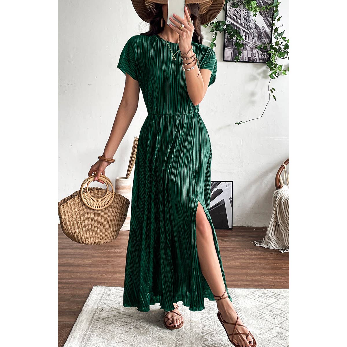 Ruched Round Neck Fit Solid Side Open Dress - MVTFASHION.COM