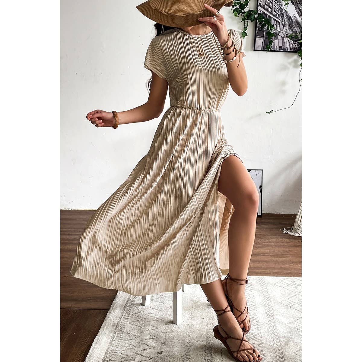 Ruched Round Neck Fit Solid Side Open Dress - MVTFASHION.COM